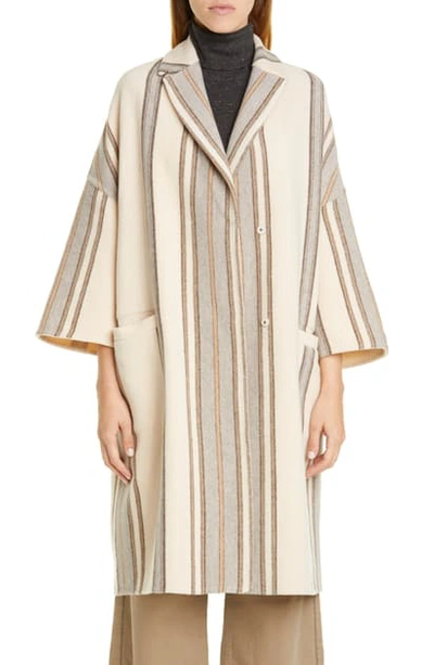 Shop Brunello Cucinelli Blanket Stripe Wool & Cashmere Coat In Ivory Grey