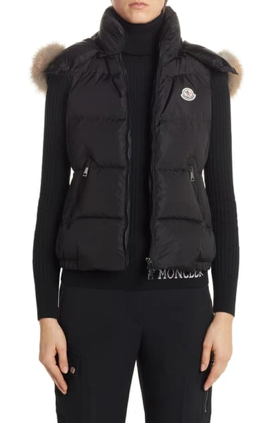 Shop Moncler Gallinule Quilted Down Vest With Detachable Genuine Fox Fur Trim Hood In Black