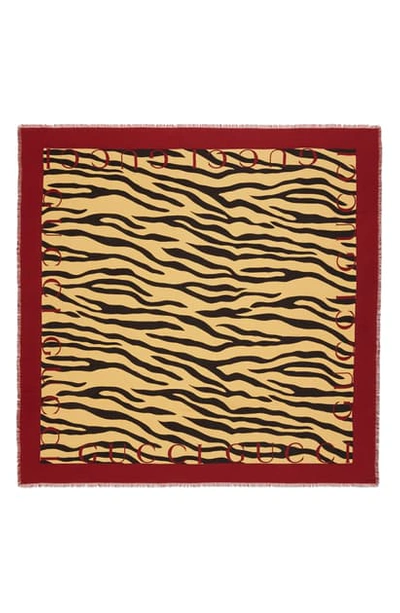 Shop Gucci Tiger Stripe & Logo Print Silk Twill Scarf In Black/ Red