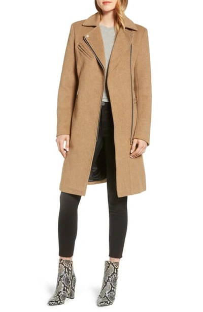 Shop Avec Les Filles Moto Detail Wool Blend Twill Coat In Wheat/ Ivory