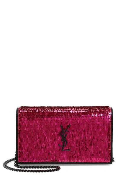 Shop Saint Laurent Kate Embellished Wallet On A Chain In Fushia/ Noir