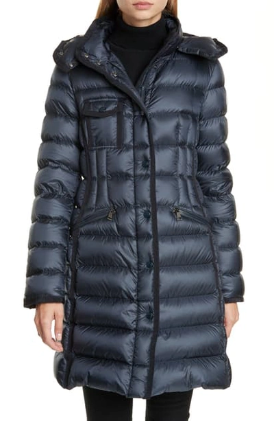 Shop Moncler Hermine Grosgrain Trim Quilted Down Puffer Coat In Navy