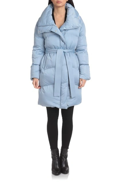 Shop Avec Les Filles Belted Puffer Coat In Blue Fog