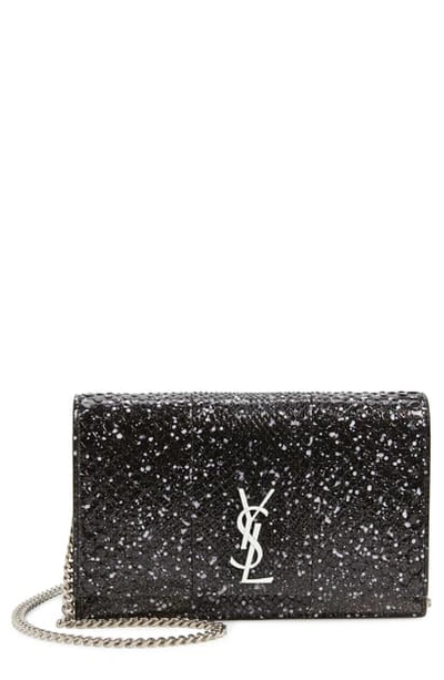 Shop Saint Laurent Kate Sparkle Genuine Python Wallet On A Chain In Noir/ Neon White