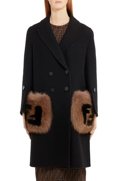 Shop Fendi Double Breasted Wool Coat With Genuine Fox Fur Logo Pockets In Black