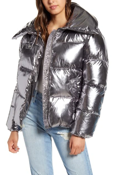 Shop Kendall + Kylie Metallic Puffer Coat In Silver