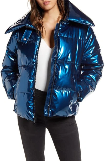 Shop Kendall + Kylie Shiny Vinyl Puffer Coat In Blue