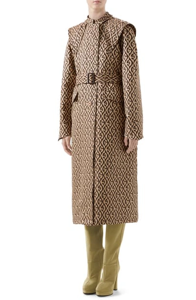 Shop Gucci Gg Rhombus Trench Coat With Removable Cape In Beige/ Mix