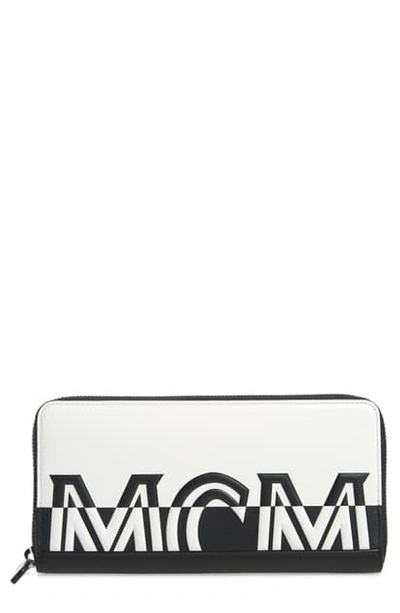 Shop Mcm Contrast Logo Zip Leather Wallet In White