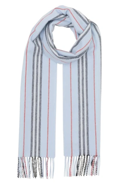 Shop Burberry Small Icon Stripe Cashmere Scarf In Pale Blue
