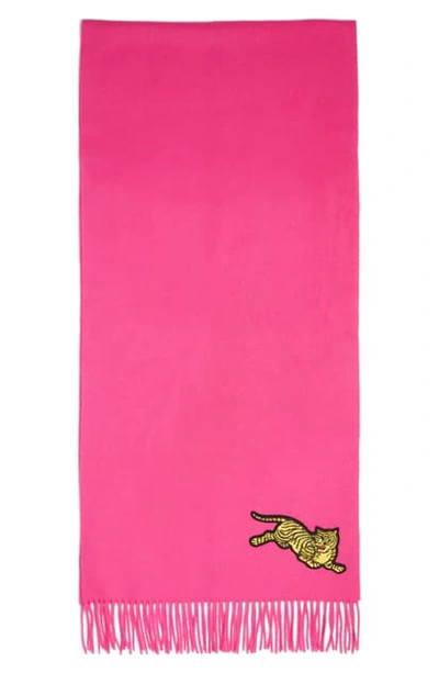 Shop Kenzo Tiger Applique Fringe Wool Scarf In Deep Pink