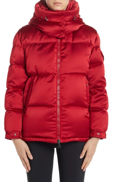 Shop Moncler Wil Hooded Quilted Down Satin Puffer Jacket In Red