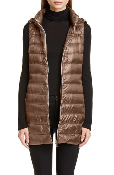 Shop Herno Long Fitted Down Vest With Removable Hood In Camel