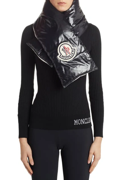 Shop Moncler Shiny Two-tone Down Scarf In Black