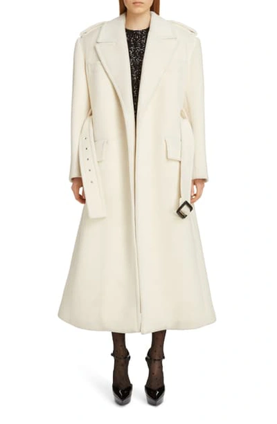 Shop Saint Laurent Belted Wool Trench Coat In Shell