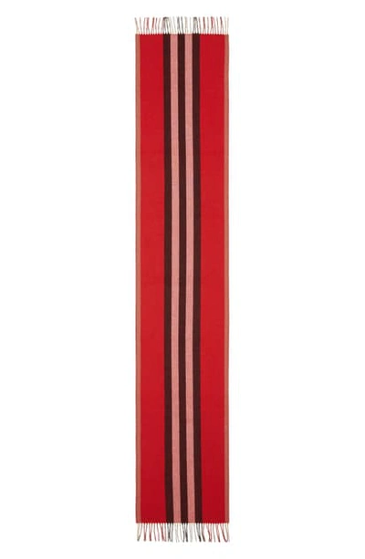 Shop Burberry Icon Stripe Reversible Cashmere Scarf In Bright Red