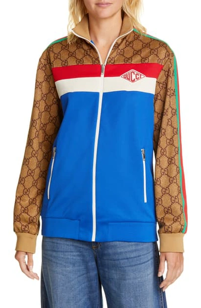 Shop Gucci Gg Print Technical Jersey Track Jacket In Cobalt/ Multicolor