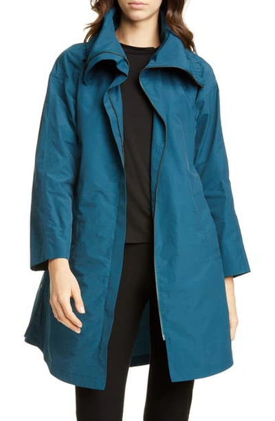 Shop Eileen Fisher High Collar Cotton Blend Coat In Blue Spruce