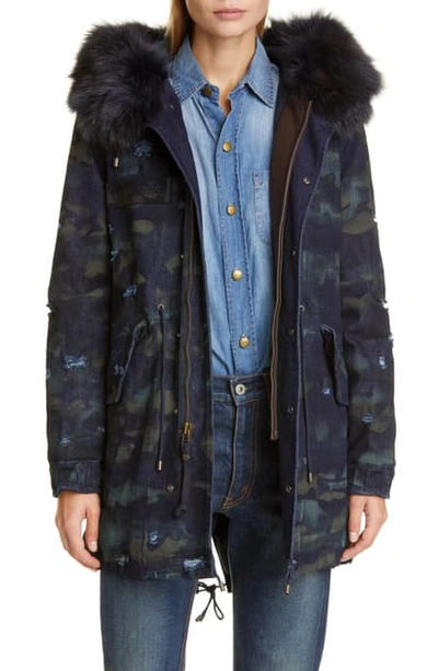 Shop Mr & Mrs Italy Distressed Camo Denim Parka With Genuine Fox Fur Trim In Blue Denim