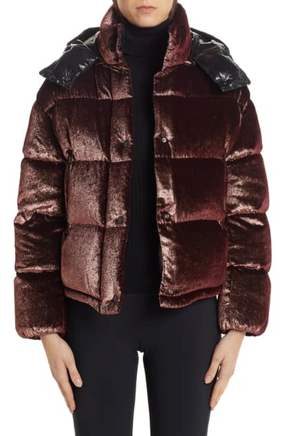 Shop Moncler Caille Glitter Velvet Quilted Down Puffer Coat In Rose Gold