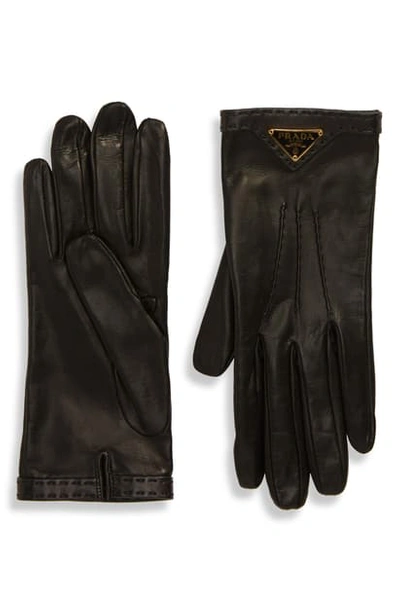 Shop Prada Triangle Logo Plaque Leather Gloves In Nero