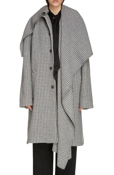 Shop Balenciaga Houndstooth Wool Blend Coat With Oversize Scarf In Medium Grey