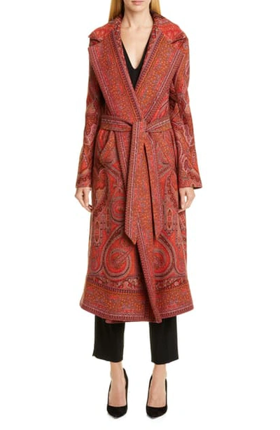 Shop Etro Belted Paisley Jacquard Wrap Coat In Red