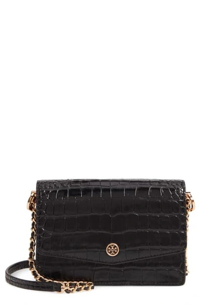 Shop Tory Burch Robinson Embossed Leather Shoulder Bag In Black