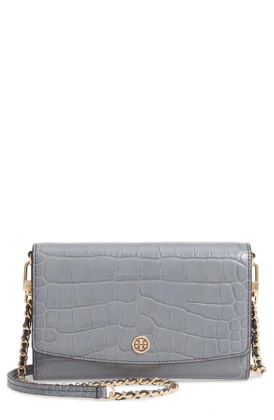 Shop Tory Burch Robinson Croc Embossed Leather Wallet On A Chain In Zinc
