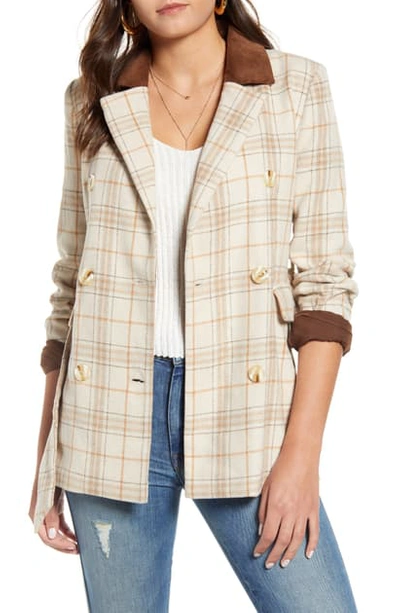 Shop Joa Check Print Double Breasted Jacket In Beige