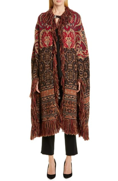 Shop Etro Fringe Wool & Alpaca Blend Jacquard Blanket Cape In Brown Red