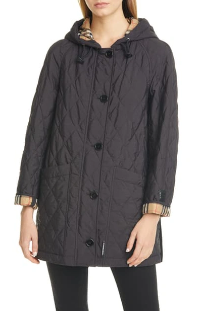 Shop Burberry Roxwell Vintage Check Hood Thermoregulated Quilted Coat In Black