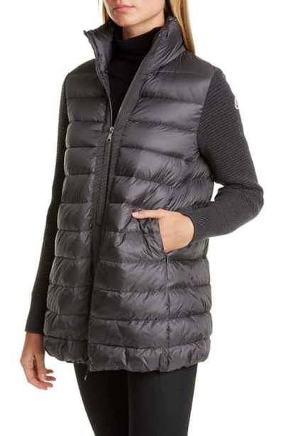 Shop Moncler Quilted Down & Wool Long Cardigan In Grey
