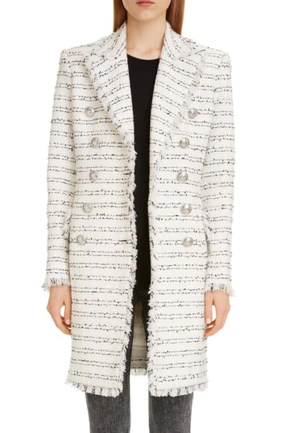 Shop Balmain Double Breasted Tweed Coat In Blanc