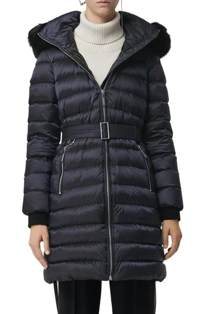 Shop Burberry Limefield Genuine Shearling Hood Puffer Coat In Navy