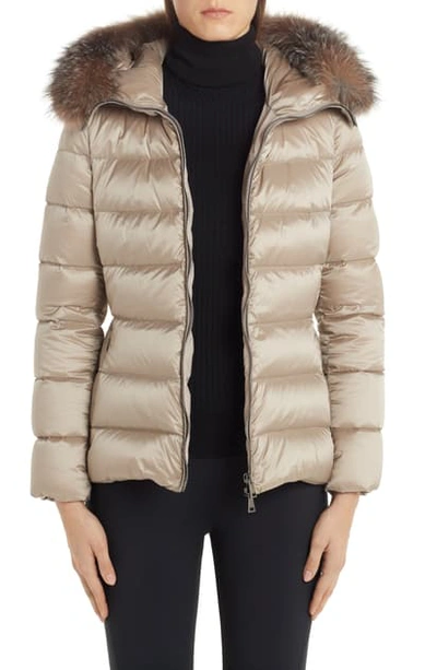 Shop Moncler Tati Belted Down Puffer Coat With Removable Genuine Fox Fur Trim In Champaign