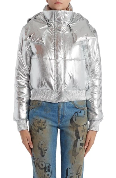 Shop Off-white Logo Metallic Puffer Jacket In Silver Silver