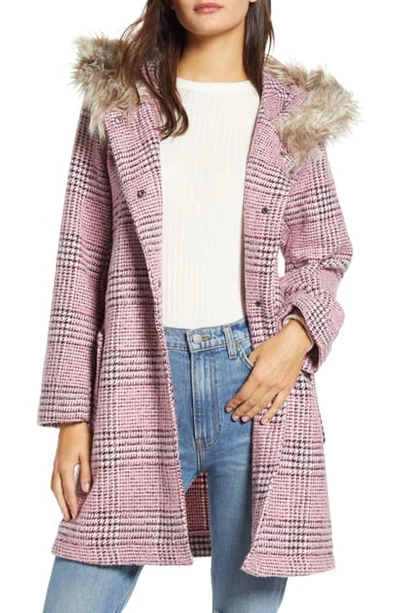 Shop Bb Dakota Pink Slip Houndstooth Plaid Hooded Coat In Light Fuschia