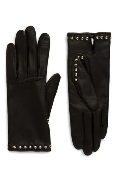 Shop Agnelle Studded Lambskin Leather Gloves In Black/ Silver