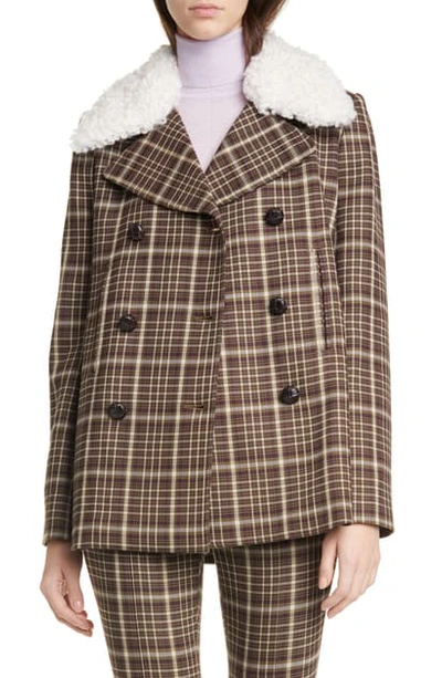 Shop Adam Lippes Genuine Shearling Collar Double Face Peacoat In Plaid