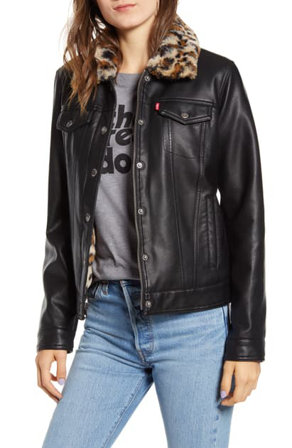 levi's black leather trucker jacket