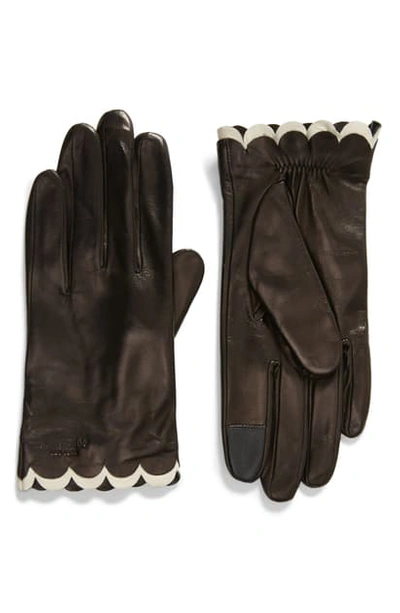 Shop Kate Spade Scallop Leather Gloves In Black/ Cream