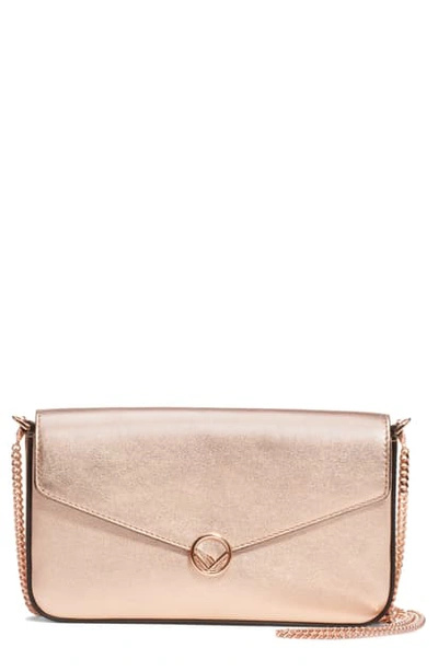 Shop Fendi Metallic Leather Wallet On A Chain In Copper/ Gold Pink