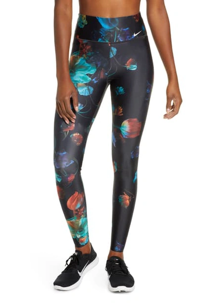 Shop Nike Power Dri-fit Floral Print High Waist Training Tights In Lt Current Blue/ White