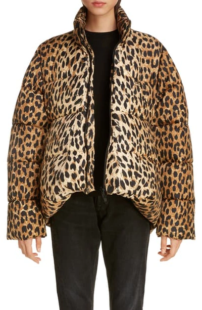 Shop Balenciaga Leopard Print Nylon Cocoon Puffer Coat In Beige