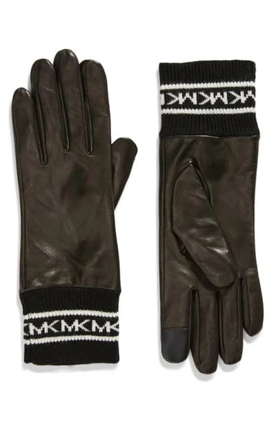 Shop Michael Michael Kors Logo Cuff Leather Tech Gloves In Black