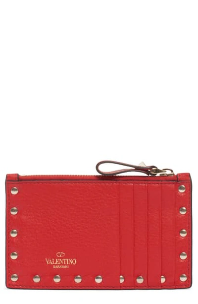 Shop Valentino Rockstud Leather Zip Card Case In Red