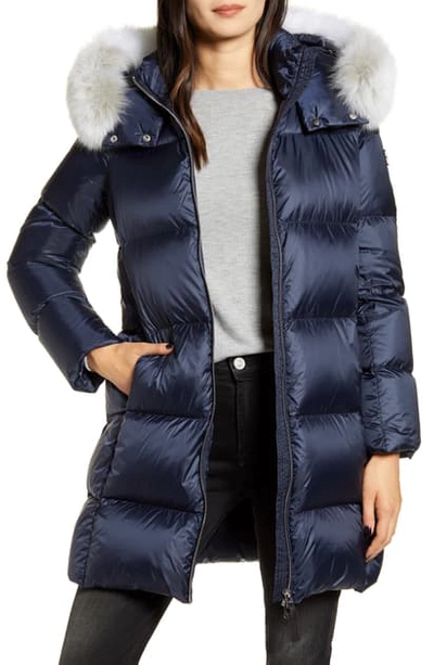 Shop Derek Lam 10 Crosby Down Puffer Coat With Genuine Fox Fur In Navy