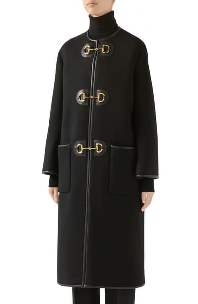 Shop Gucci Horsebit Toggle Leather Trim Wool Blend Military Coat In Black