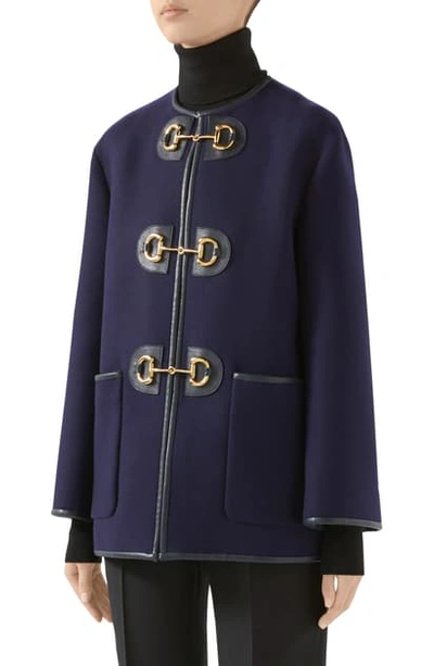 Shop Gucci Horsebit Toggle Wool Blend Military Caban Coat In Purple Blue/ Mix